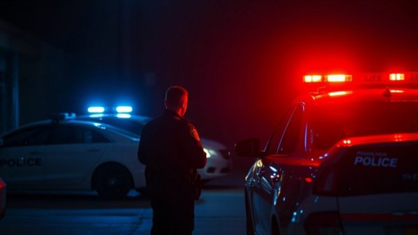 Police officers discussing near patrol cars illuminated by emergency lights at night.