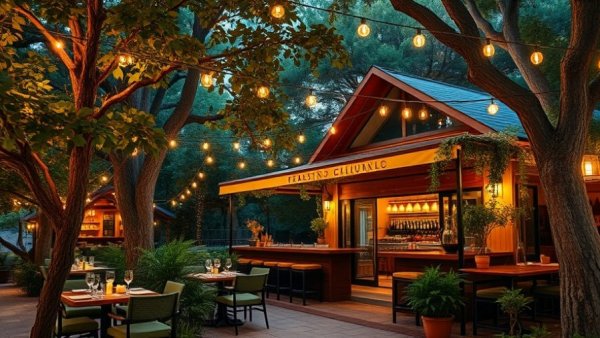 Charming outdoor restaurant in Austin lifestyle setting with trees and lights.