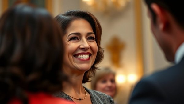 Distinguished speaker engaging with audience in an elegant setting.