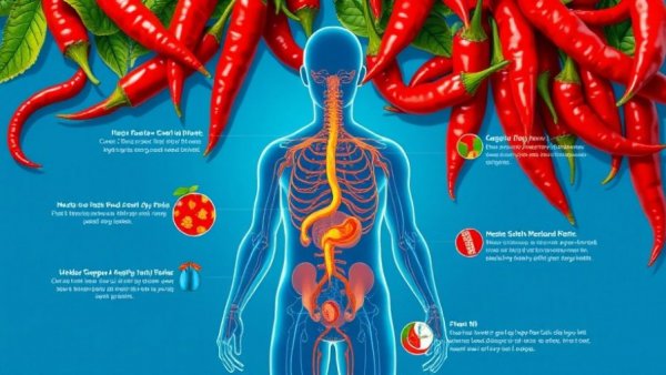 Cayenne peppers and human circulatory system illustrating health benefits, infographic.