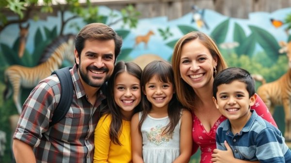 Family at the zoo with animal backdrop in bright, sunny day.