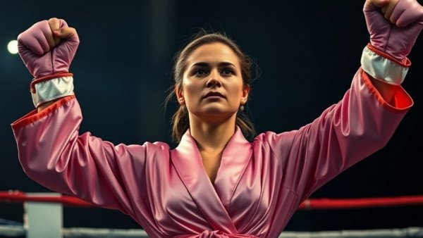 Determined female boxer in pink robe raising arms in victory.