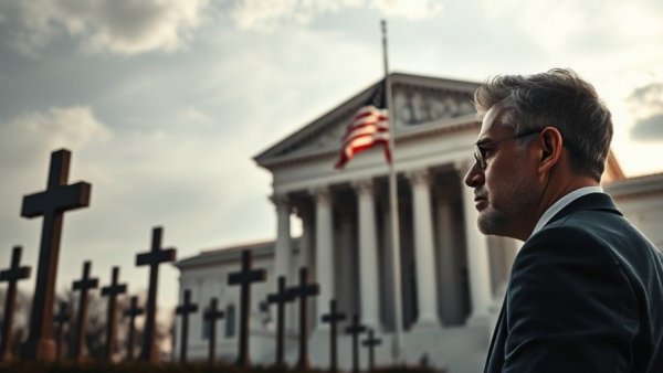 Contrasting scene of crosses and courthouse representing capital punishment.