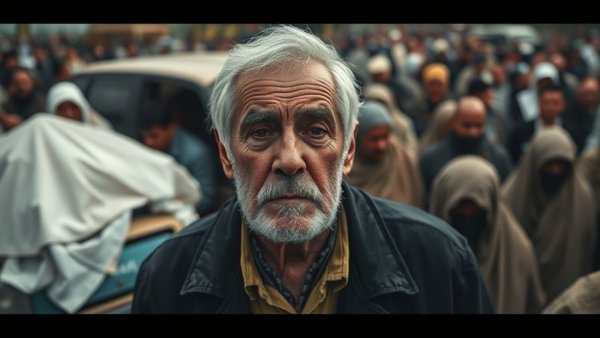 Emotional scene of an elderly man with crowd and shrouded bodies.