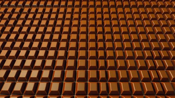 Aerial view of chocolate bars in neat rows.