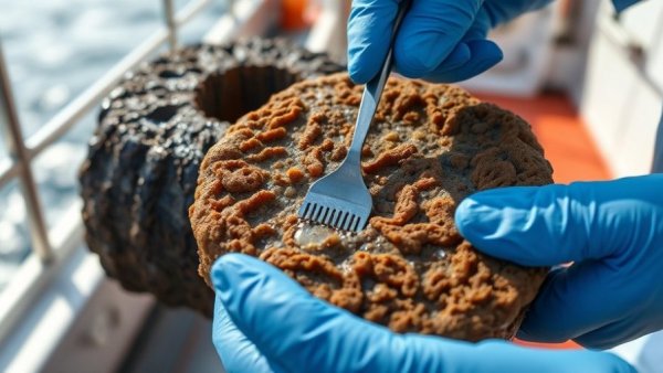 Deep-sea microbial life study on a marine core sample on a ship deck.
