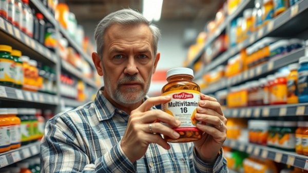 Man examines multivitamin bottle in store, big scam text.