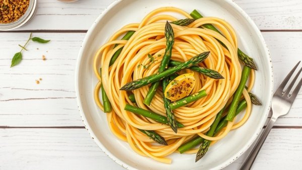 Asparagus pasta with lemon zest on a white plate, top view.