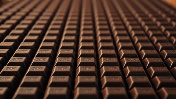 Neatly aligned chocolate bars with overlay text, mental wellness for seniors.