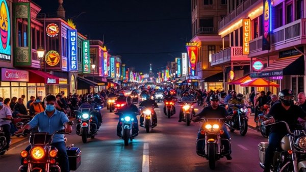 Lone Star Rally 2023 Galveston night scene, motorbikes and crowd