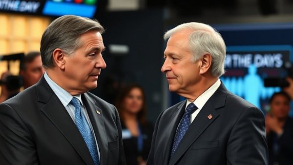 National political news figures in conversation, media backdrop blurred.