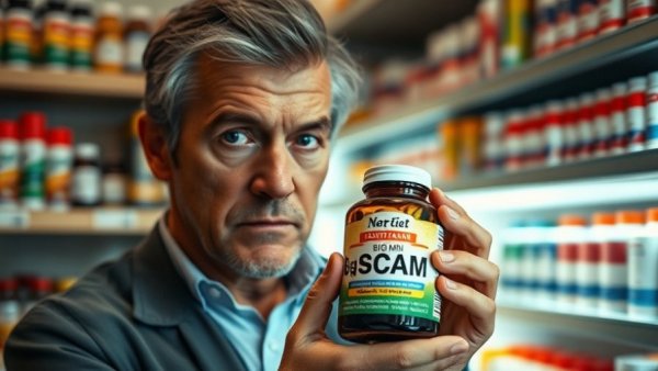 Concerned man holding multivitamin bottle labeled 'Big Scam' in pharmacy aisle.