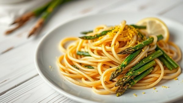 Appetizing asparagus pasta with lemon zest on a white plate.
