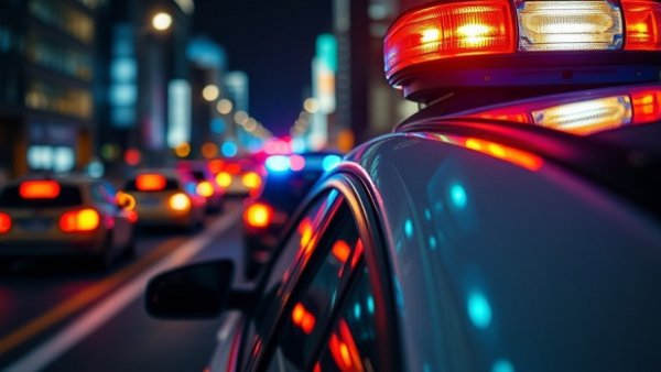 Flashing police lights illuminating a San Antonio street at night