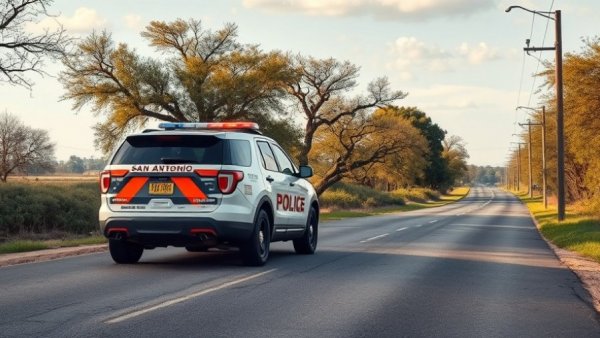 San Antonio police vehicle on rural road, emphasizing security measures.