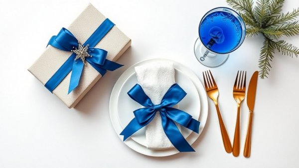 Elegant mindful holiday eating table setting with festive symbols.