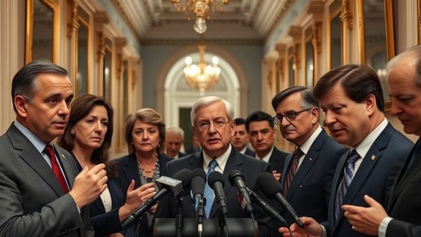 Politicians discussing US government shutdown at a press conference.