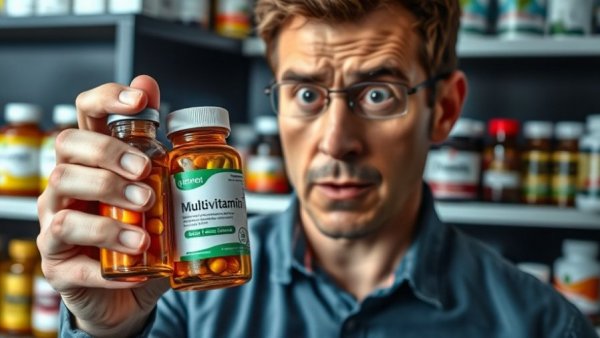 Multivitamin mineral scam awareness with supplements display.