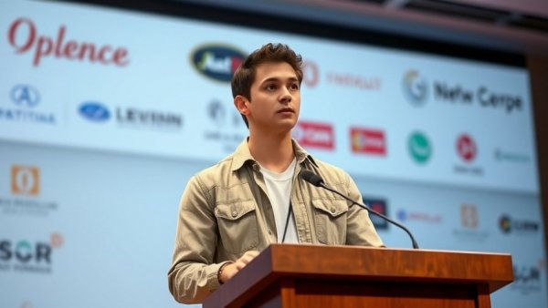 Confident speaker at podium in front of Texans logo backdrop.