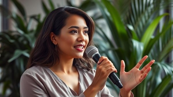 Engaged speaker discussing testosterone levels, lush green backdrop.