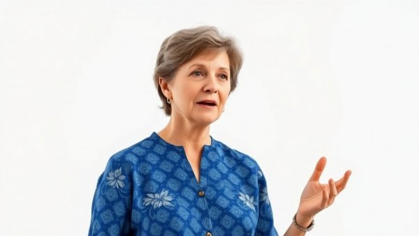 Woman discussing mental health habits, wearing a blue patterned blouse.