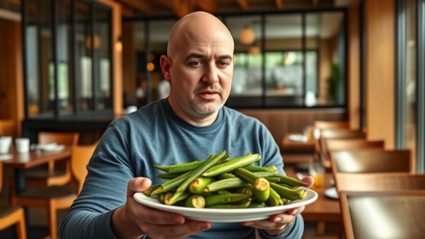 Man discussing how to lower cholesterol naturally with okra in a kitchen.