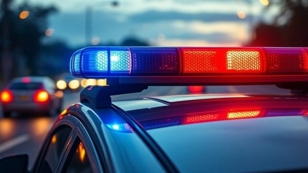 Police car with flashing lights on a busy road, relating to gun laws in America.