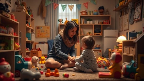 Young woman and child in playroom amidst toys, cozy atmosphere.