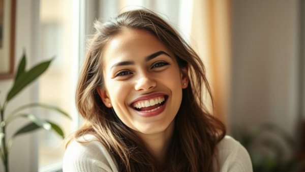 Young woman smiling in natural light at Selena Grammy Museum exhibit.