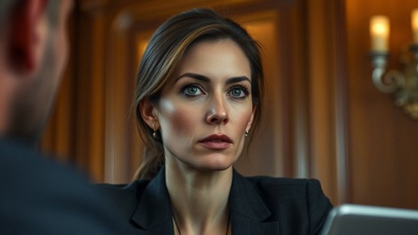 Contemplative woman in formal setting, indoor business environment.