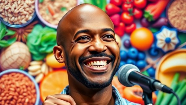 Dietary fiber and health outcomes talk with man and nutritious foods.