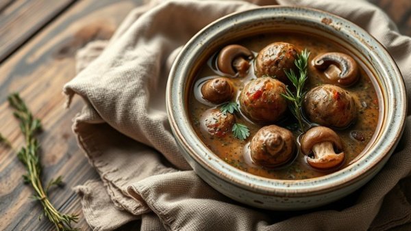 Elk Meatball and Wild Mushroom Stew in a rustic setting.