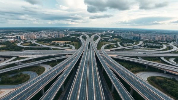 Expansive aerial view of a Texas highway intersection showcasing public transit.