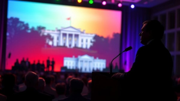 Texas politics news: Speaker at podium with White House backdrop in digital illustration.