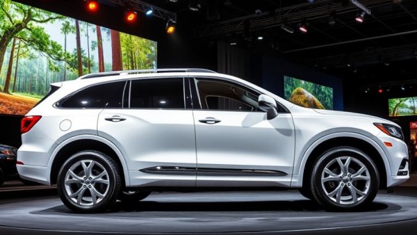 Chrysler SUV displayed at automotive event amid recall news.