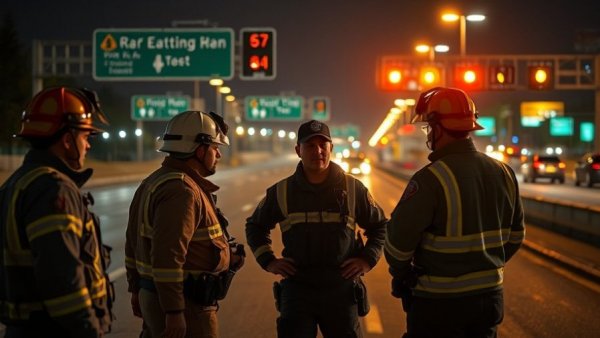 San Antonio local news: emergency responders on highway at night.