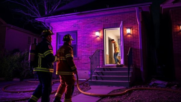 Firefighters inspect Northeast Side house after fire at night.
