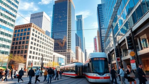 Dallas street scene with tram and modern buildings, representing Dallas business news.