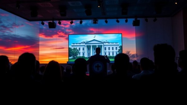 Texas Christian candidates training program with speaker and White House backdrop.
