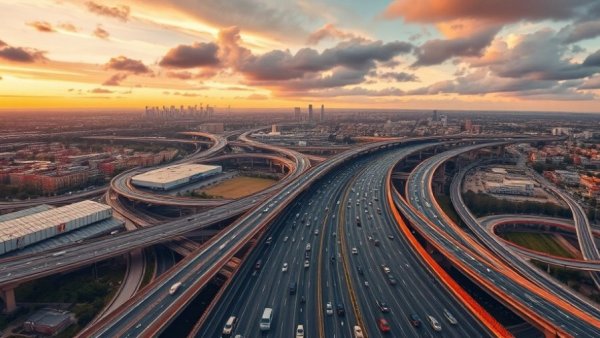 Aerial view of Texas highway interchange highlighting public transit needs.
