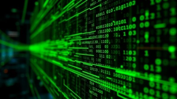 Digital binary code with dynamic network lines, illustrating universe simulation concept.