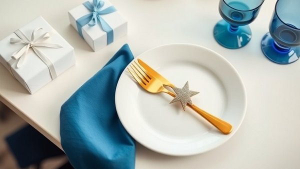 Elegant table setting promoting mindful holiday eating with blue accents.