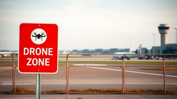 Vivid airport no drone zone sign with airplane background