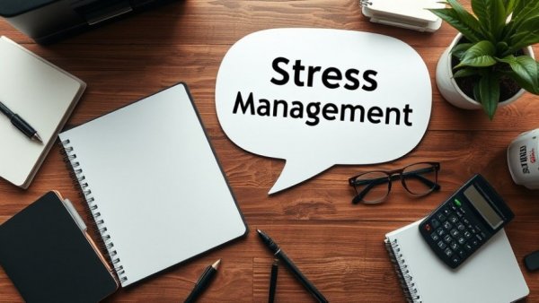 Organized desk with 'Stress Management' sign and stationery for how to manage stress.