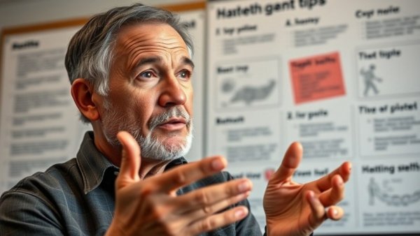 Middle-aged man discussing health tips in an educational setting.