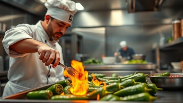 Chef grilling peppers in a busy restaurant kitchen, Houston business news on restaurant costs.