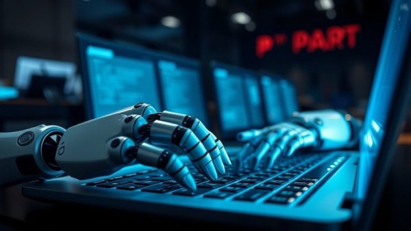 Futuristic robotic hands typing, AI-proof entry-level jobs concept, blue glow.