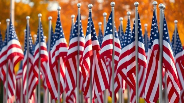 American flags waving, symbolizing Veterans Day in San Antonio.