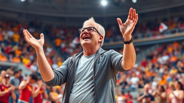 College basketball coach energetically cheering on the sidelines, indoor game scene.