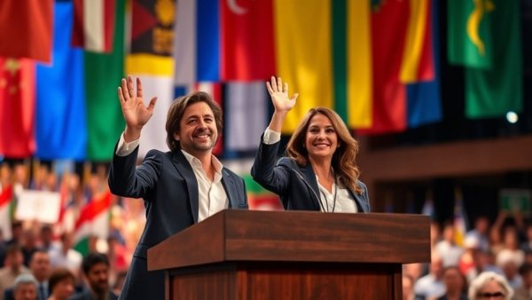 Smiling individuals at podium with flags, engaging with audience.